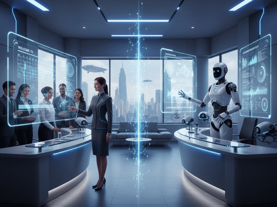 Split-screen showing human and AI receptionist collaboration in a high-tech environment