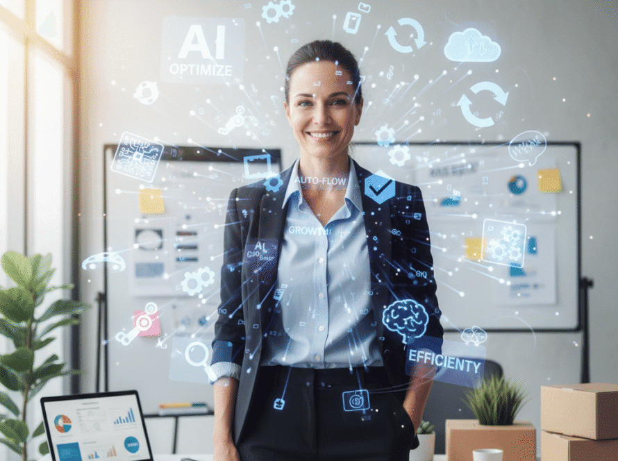 Small business owner surrounded by floating digital automation icons symbolizing AI efficiency
