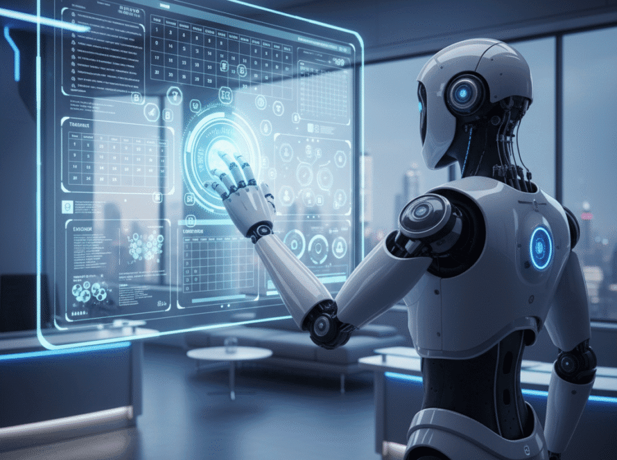 AI bot scheduling appointments and managing bookings on a virtual dashboard with glowing icons