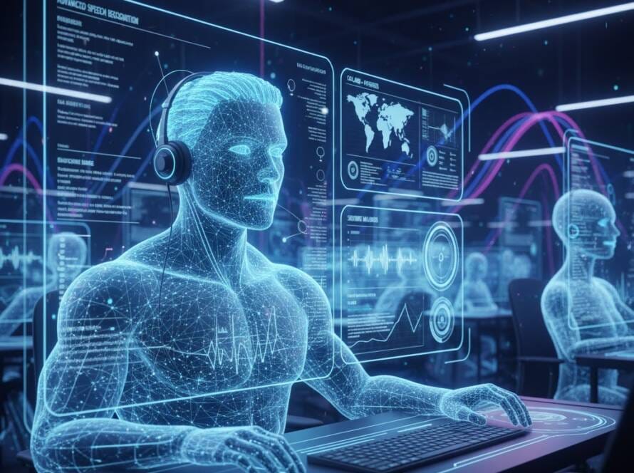 Digital AI voice assistant answering customer calls using advanced speech recognition in a futuristic call center